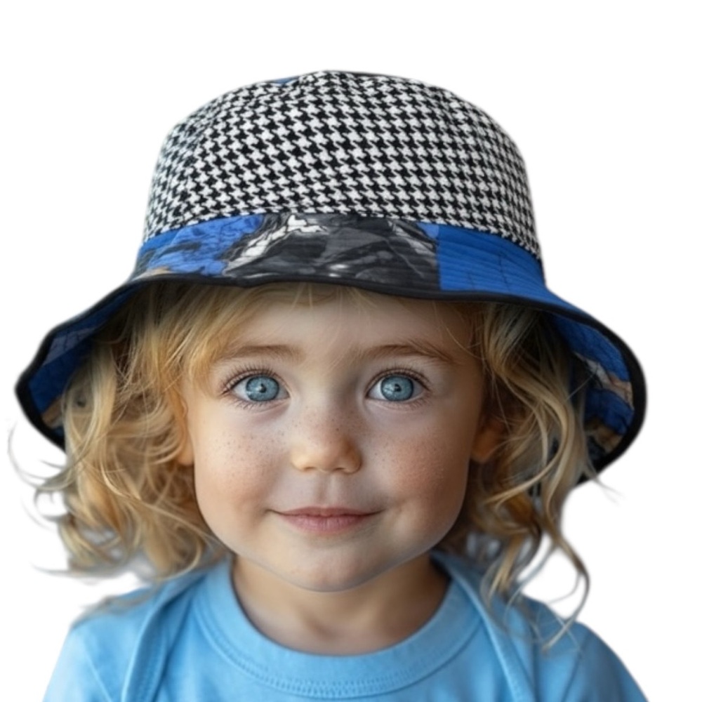 22” Batman/Houndstooth Blue and Black Reversible‎ Bucket Hat Hand Crafted 003
